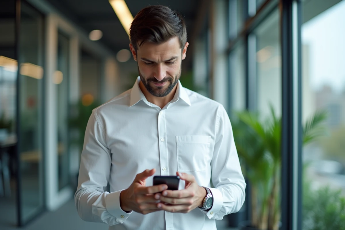 Homme consultant l'application mobile Crédit Agricole pour vérifier son autorisation de découvert au bureau