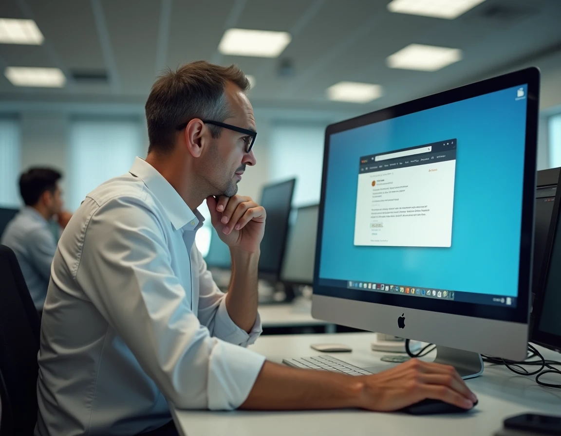 Homme en bureau professionnel consultant une erreur de connexion sur AOL Webmail depuis un ordinateur de bureau