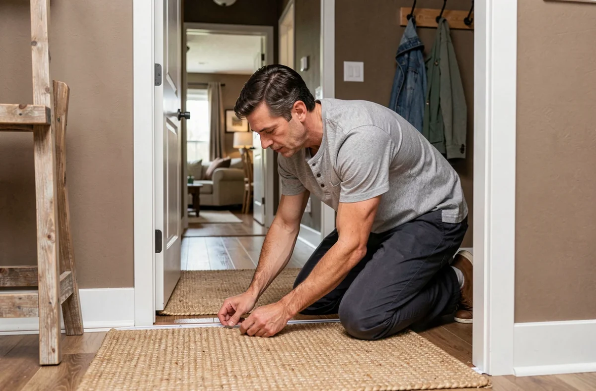 Homme posant des joints coupe-froid sur une porte d'entrée en bois pour améliorer l'isolation thermique de la maison