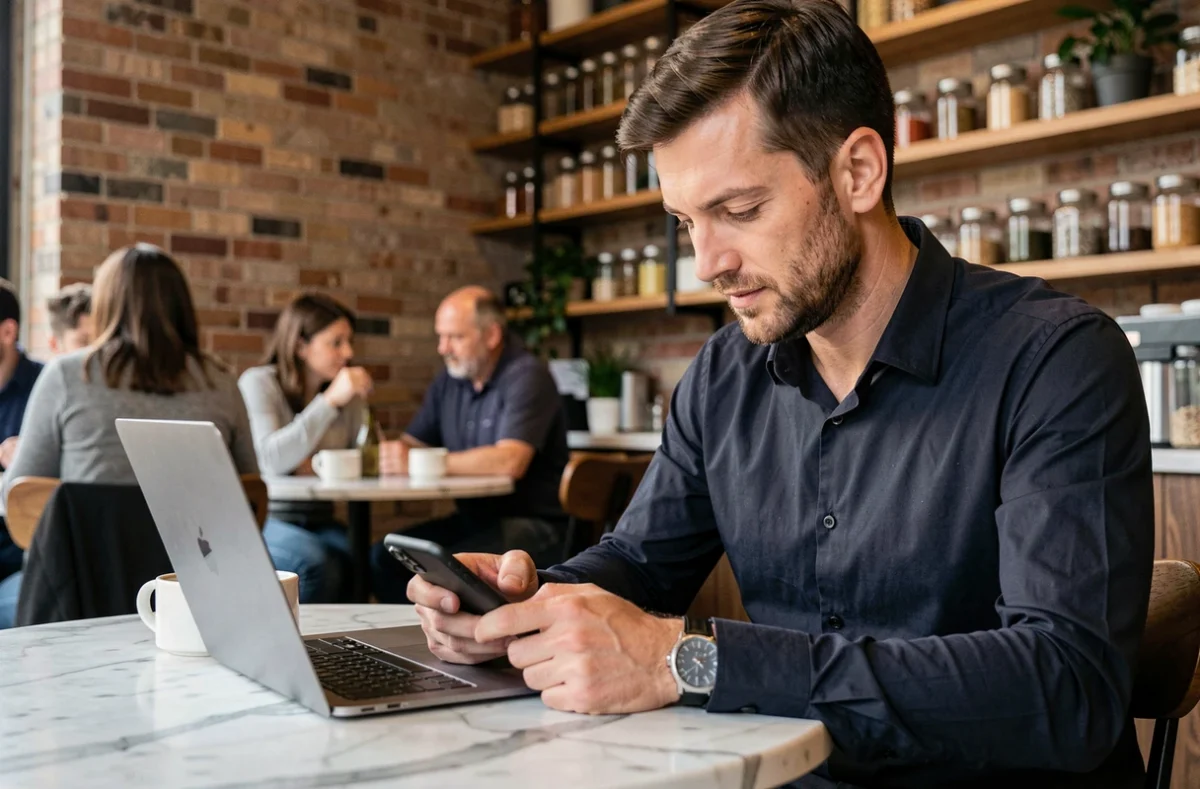 Homme tapant un message WhatsApp dans un café avec un ordinateur portable et ChatGPT ouverts