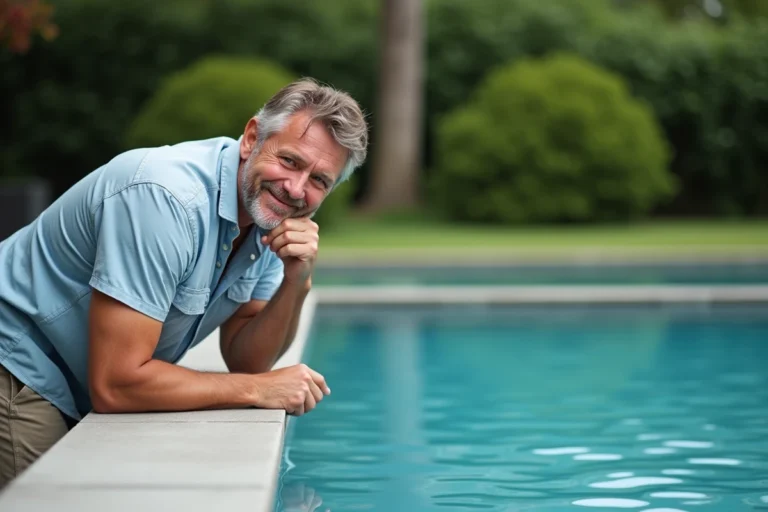 Homme d'âge moyen regardant la surface d'une piscine extérieure
