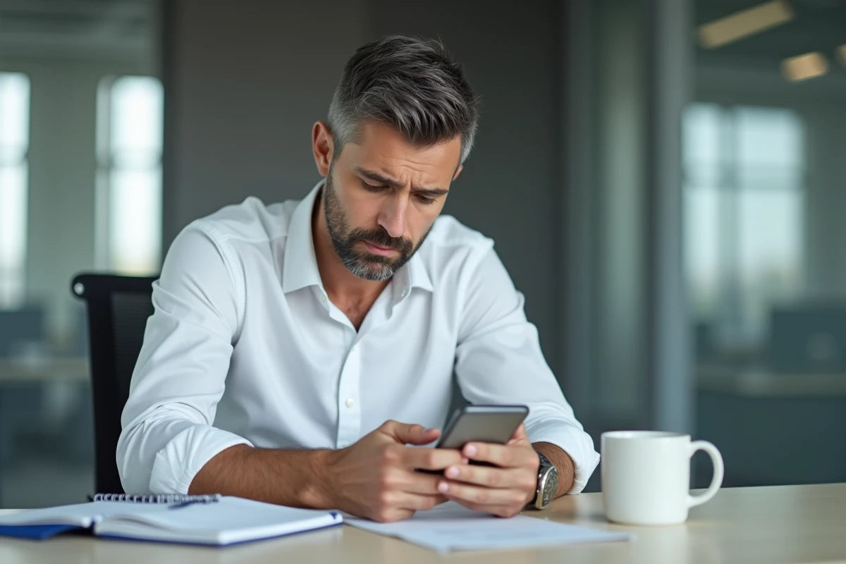 Homme d'affaires consultant son smartphone face à un refus de paiement PayPal au bureau