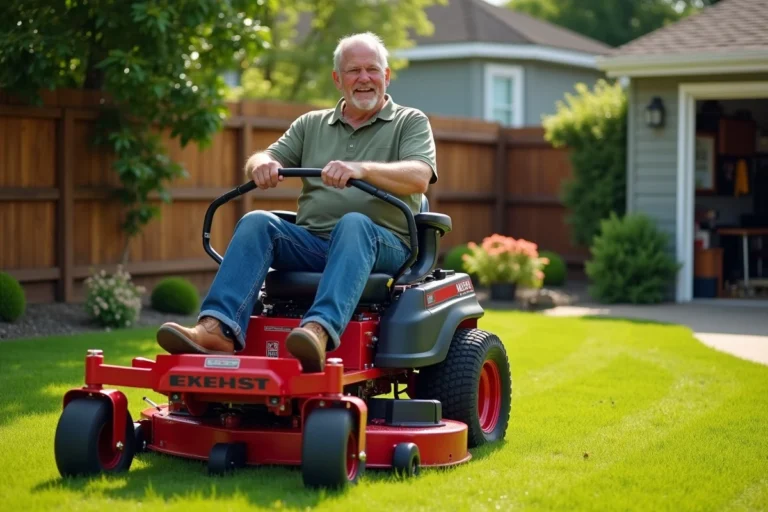 Homme assis sur un tracteur tondeuse rouge et noir dans un jardin suburban bien entretenu