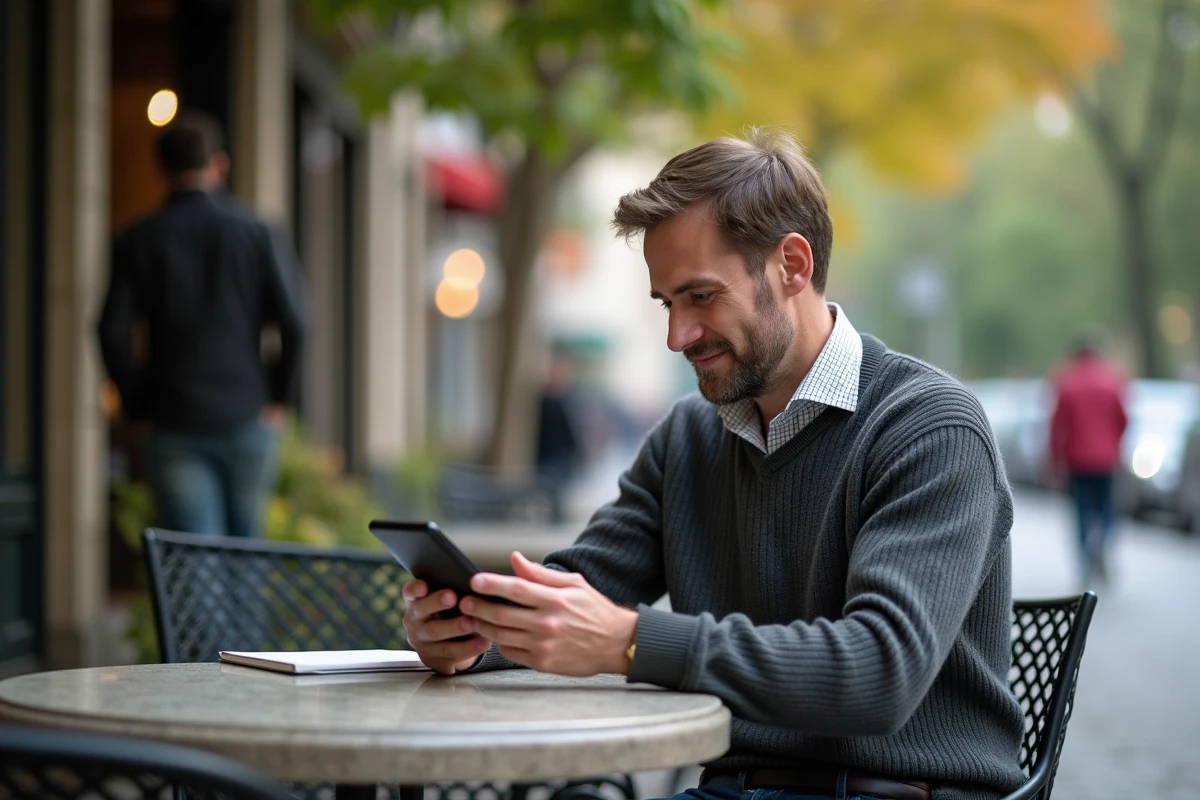 Homme d age moyen vérifiant des alertes immobilières au cafe