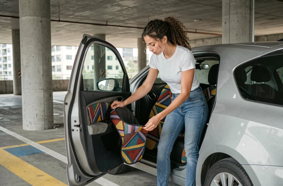 Jeune femme installant des housses de siège colorées à motifs géométriques dans une citadine moderne dans un parking urbain, personnalisation intérieur voiture