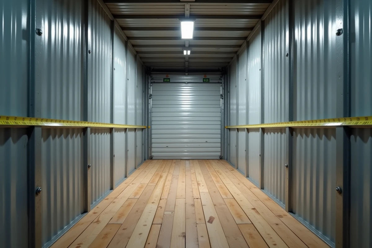 Intérieur vide de la caisse d'un camion 10 m3 avec sol en bois et parois métalliques, illustrant le volume et les dimensions intérieures