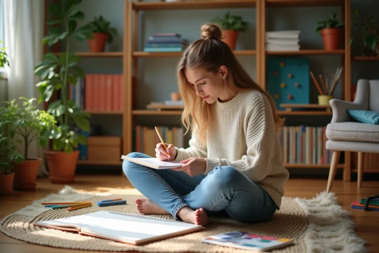 Jeune femme en sweater dessinant dans un salon lumineux