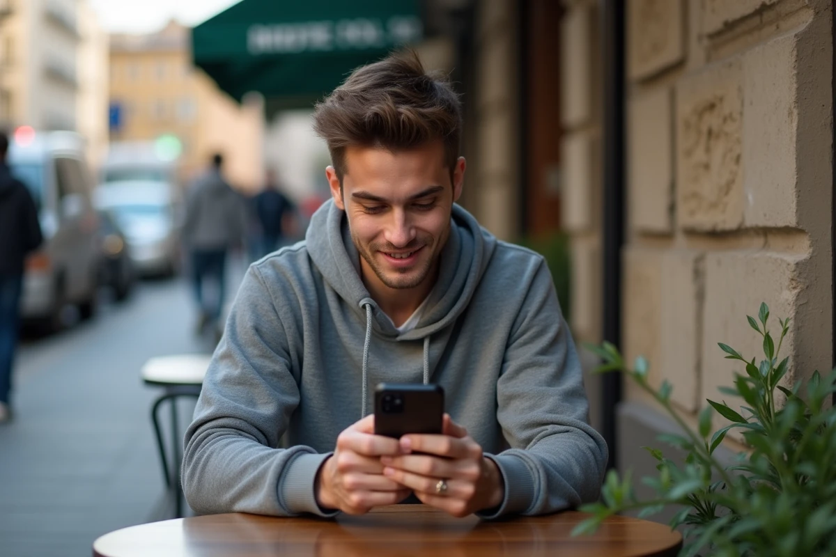 Jeune homme au café urbain scrolant son téléphone