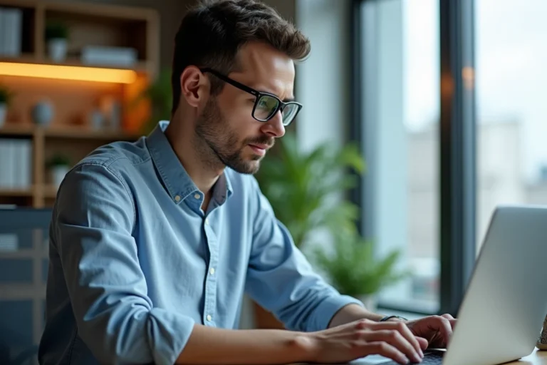 Jeune homme professionnel travaillant sur son ordinateur dans un bureau moderne