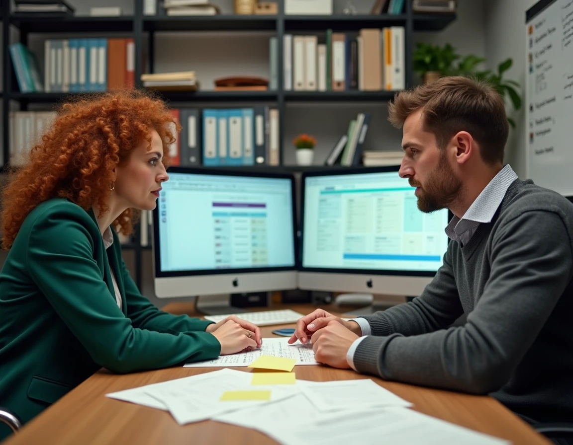 Deux professionnels RH collaborant sur un logiciel d'évaluation des compétences dans un bureau