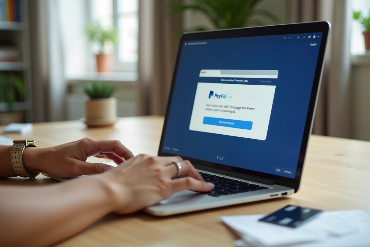 Mains tapant sur un clavier d'ordinateur pour résoudre un problème de paiement refusé sur PayPal