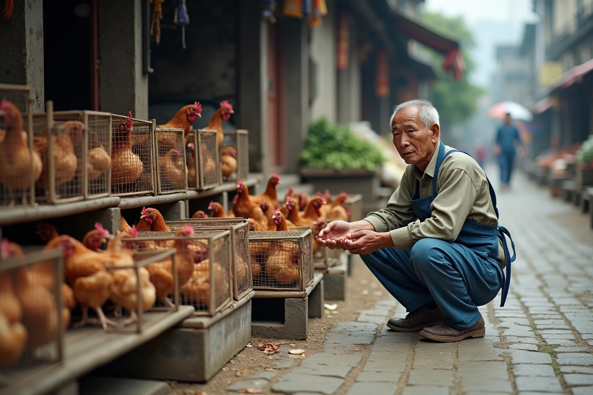 Un vendeur dans un marché avicole rural en Chine avec des poulets vivants en cages, reflet de la densité de la population de volailles en Asie