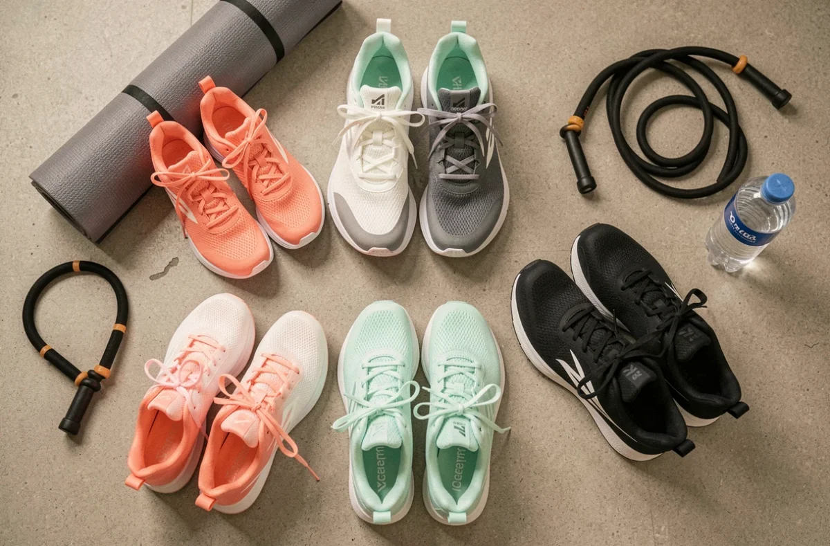 Vue à plat de plusieurs baskets de fitness femme colorées sur un sol de salle de sport avec accessoires d'entraînement