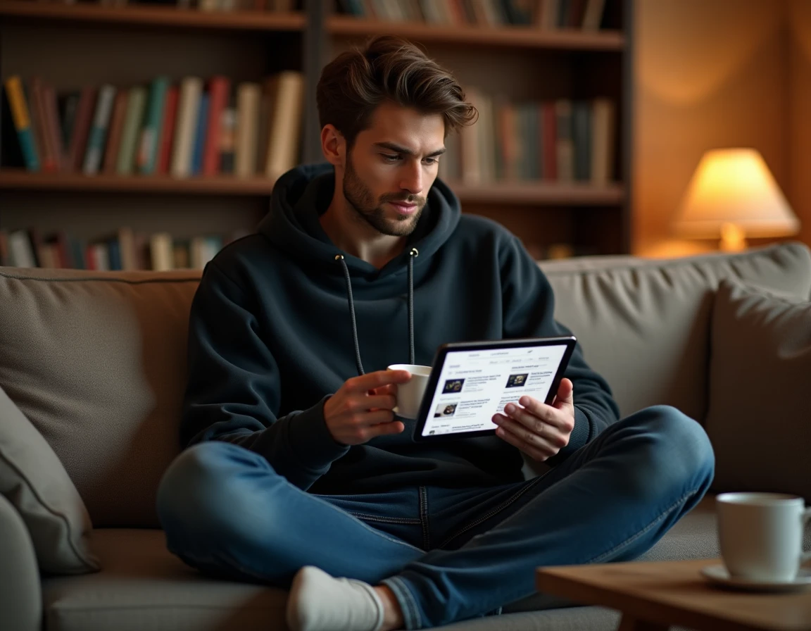 Jeune homme naviguant sur un sitemap d'un site d'actualité via une tablette dans un salon