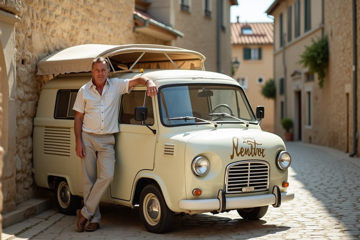 Un camping-car compact rétro nommé 'Nestor' avec des lettres vintage peintes sur sa carrosserie crème, garé dans un village du sud de la France