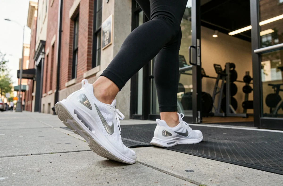 Baskets Nike Pegasus 42 femme portées en jogging sur un trottoir urbain vers une salle de sport, polyvalence route et salle