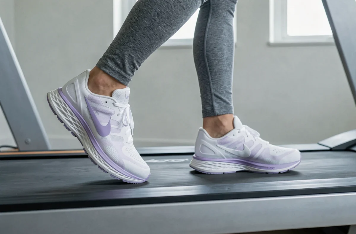 Baskets Nike Vomero 18 femme avec mousse ZoomX sur un tapis de course, vue de profil en action