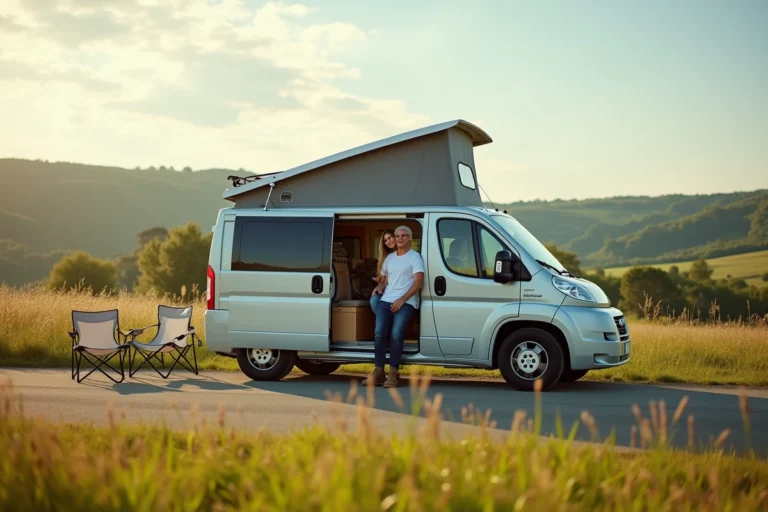 Un petit camping-car nommé avec une plaque personnalisée garé dans la campagne française, avec un couple souriant à côté
