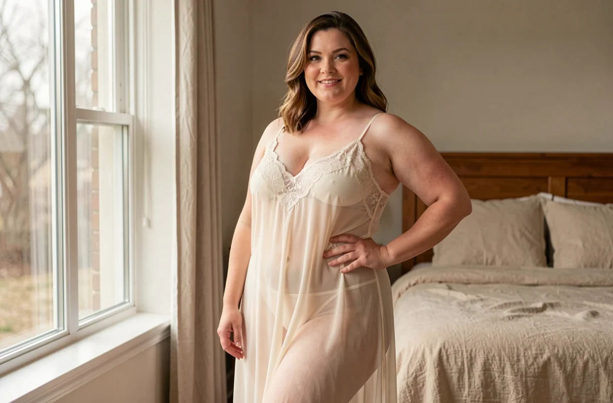 Femme grande taille portant une nuisette transparente en chiffon ivoire avec dentelle, posée près d'une fenêtre dans une chambre cosy
