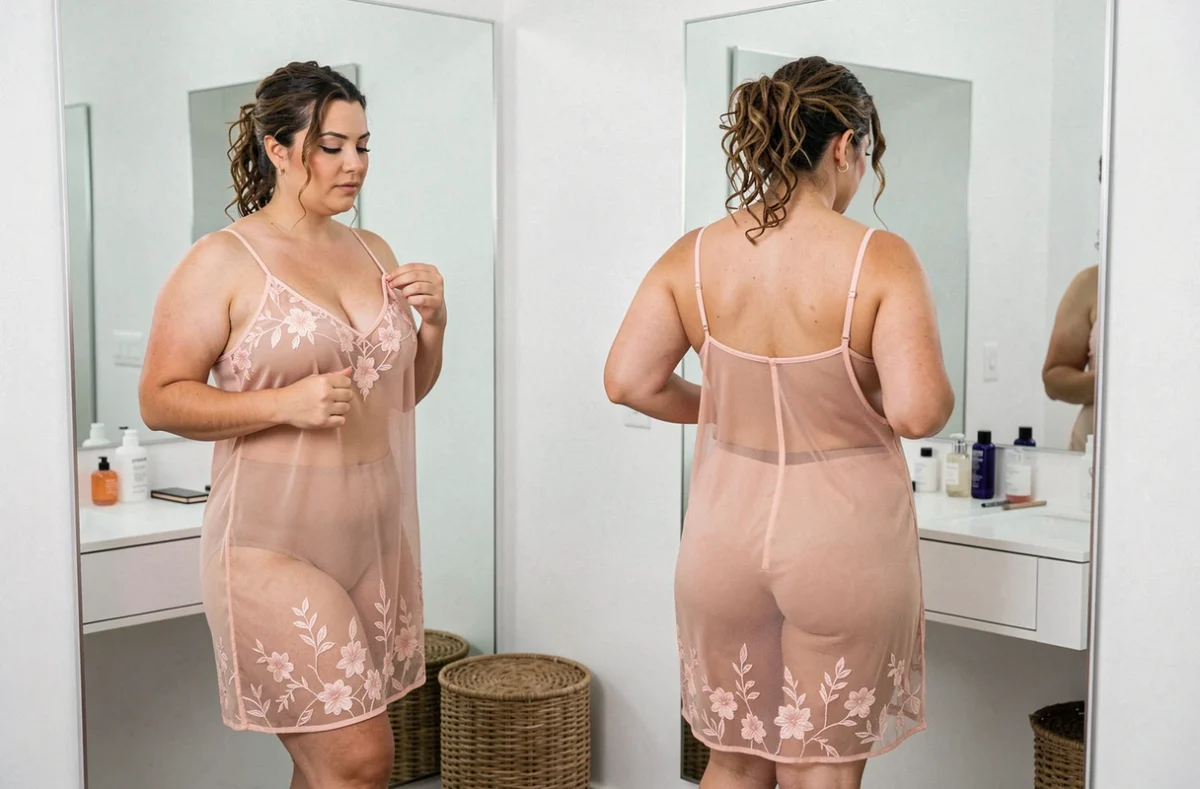Femme grande taille devant un miroir essayant une nuisette transparente rose poudré brodée dans un dressing minimaliste