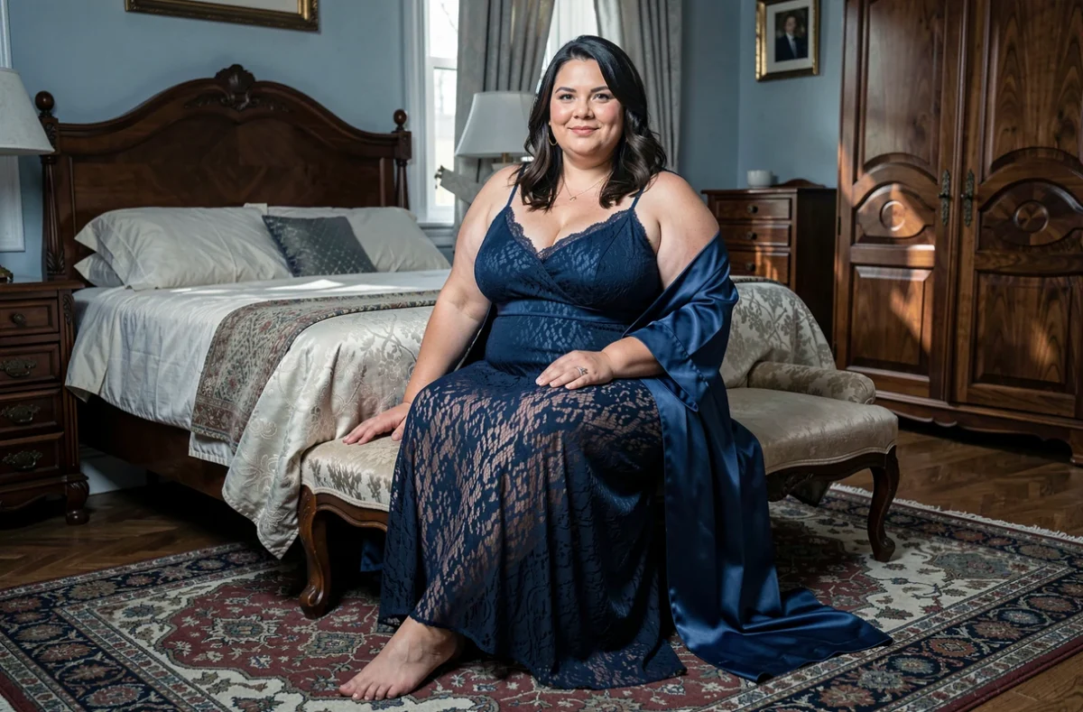 Femme ronde en nuisette transparente bleue marine avec robe de chambre satinée, assise sur un banc vintage dans une chambre élégante