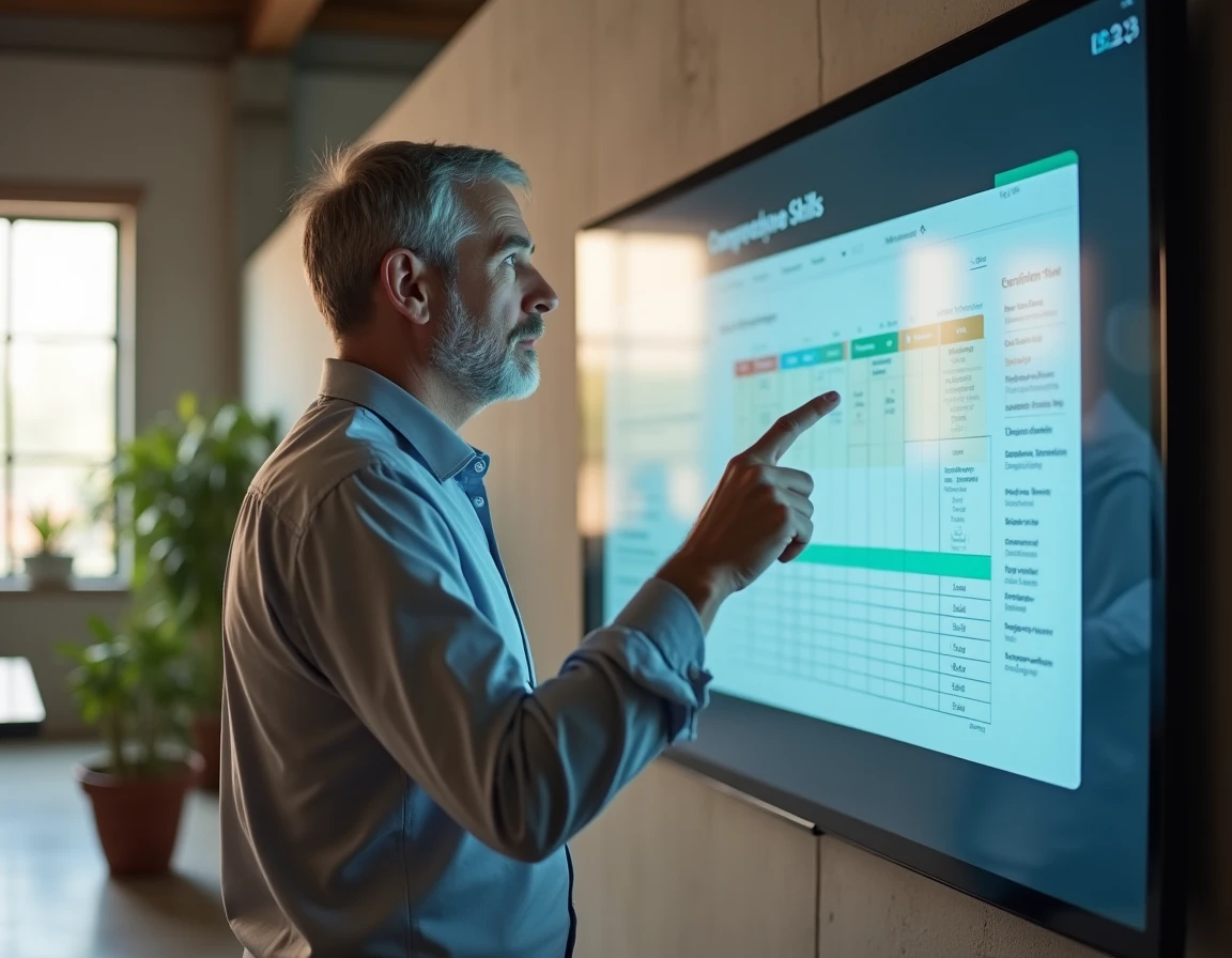 Manager présentant un outil de cartographie des compétences sur écran interactif dans un bureau moderne
