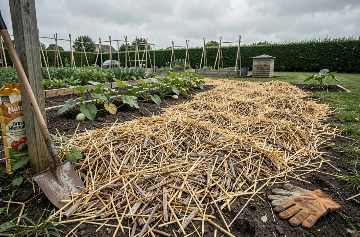 Paillage naturel en paille et copeaux de bois sur un carré potager pour étouffer les mauvaises herbes