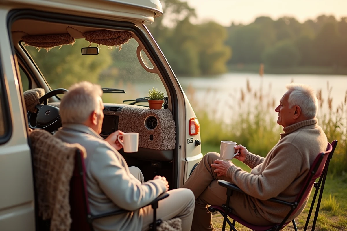 Un camping-car compact et douillet surnommé 'Pépère' garé au bord d'une rivière, avec un couple âgé assis dehors buvant du café