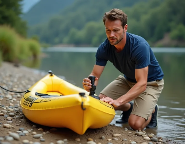 Homme utilisant une pompe manuelle double action pour gonfler un kayak gonflable jaune sur une berge de rivière