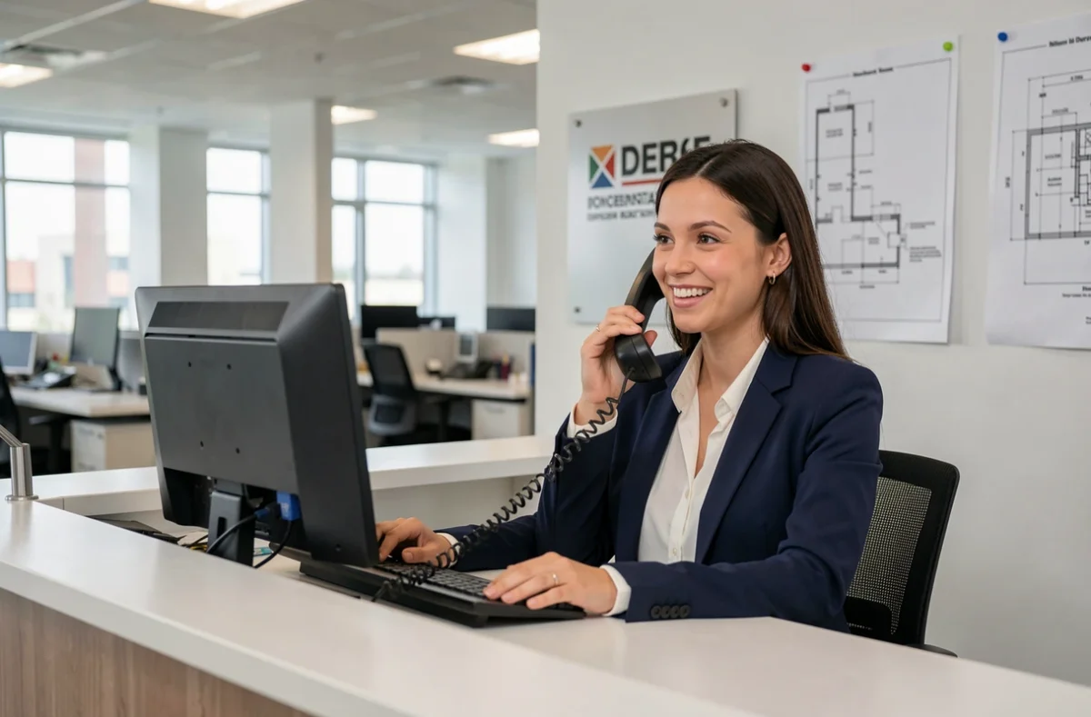Réceptionniste d'une entreprise de construction répondant au téléphone au bureau d'accueil