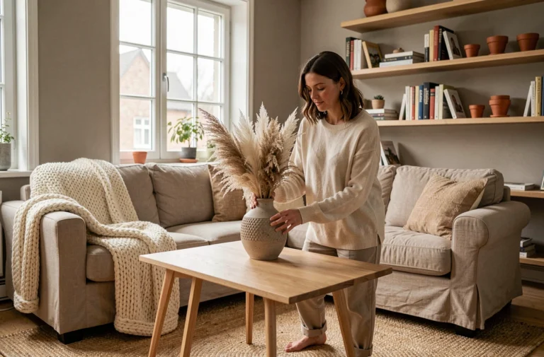 Femme arrangeant un bouquet de pampa dans un salon scandinave cosy avec canapé beige et étagères en bois clair