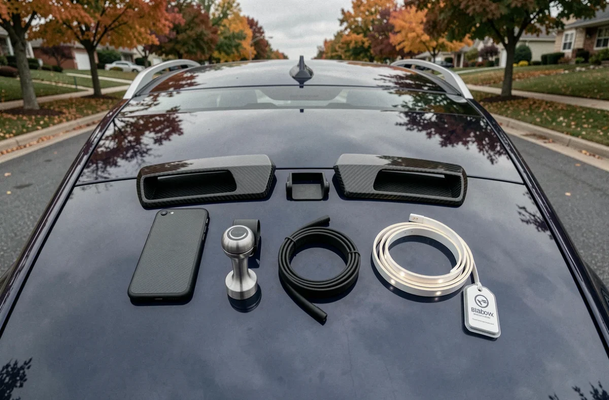 Vue de dessus d'une sélection d'accessoires auto tendance disposés sur le coffre d'un SUV bleu marine, incluant garnitures carbone, support téléphone et bouton de vitesse en aluminium