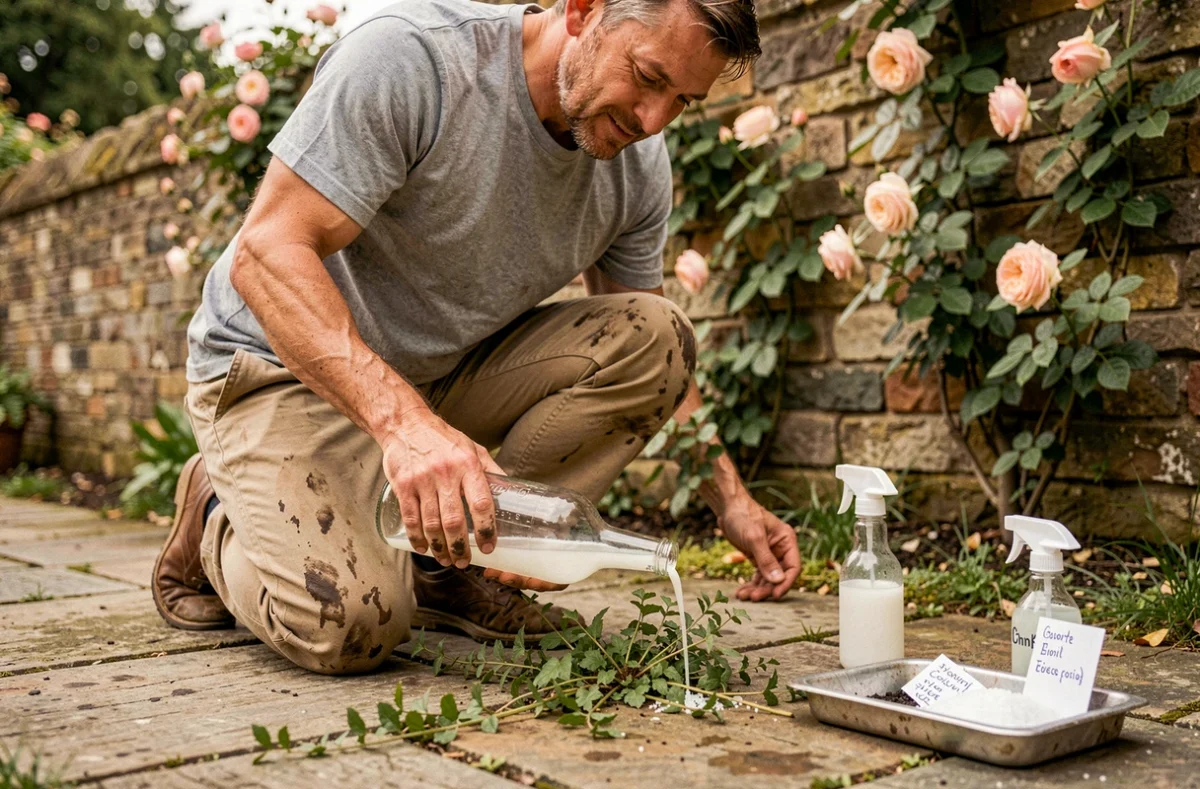 Homme appliquant une solution naturelle au vinaigre blanc sur des mauvaises herbes entre des pavés de jardin