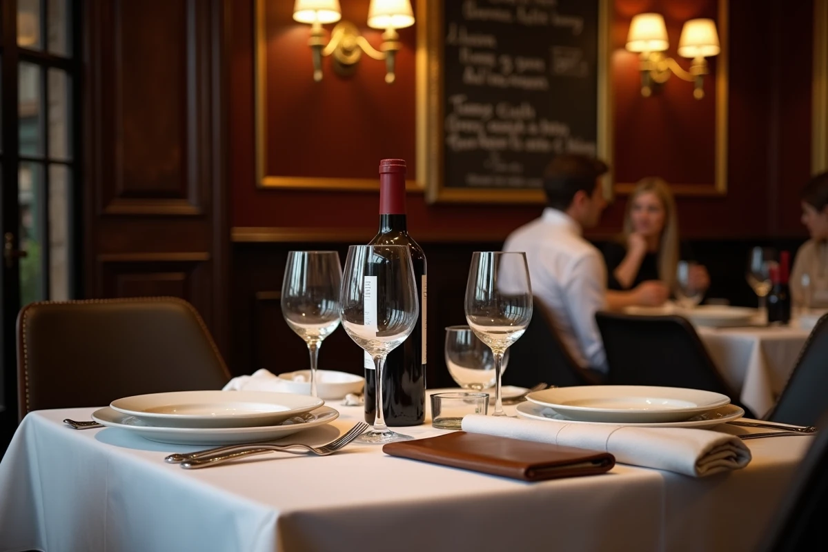 Table de restaurant parisien dressée pour deux personnes, évoquant la vie privée et intime d'un couple discret