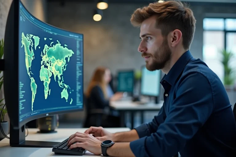 Technicien informatique analysant des données d'adresse IP sur un écran d'ordinateur dans un bureau moderne