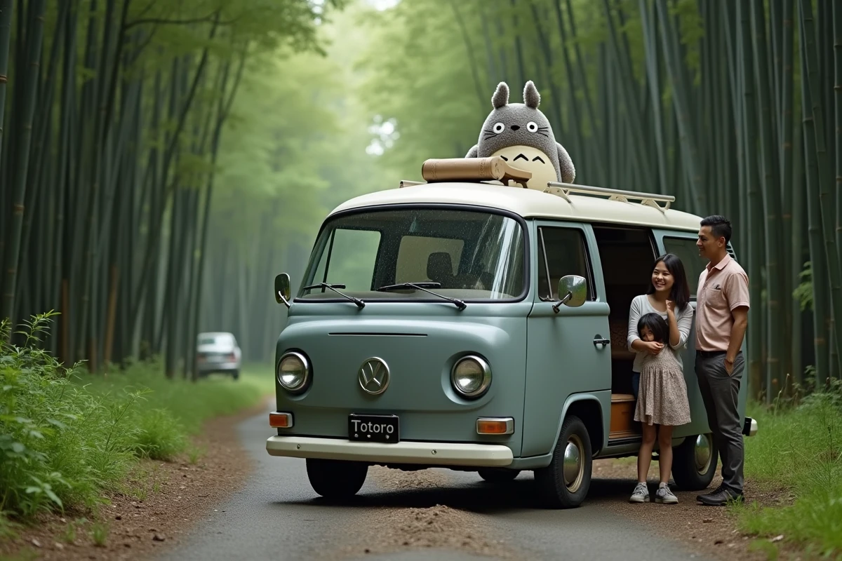 Un camping-car compact gris surnommé 'Totoro' avec une peluche Totoro sur le tableau de bord, garé à l'orée d'une forêt de cèdres, une famille souriante à l'entrée